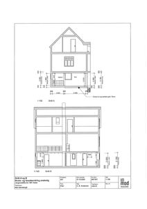 Tegning som viser et tverrsnitt (Snitt A og B) av en bolig, inkludert romfordeling, høyder og konstruksjonsdetaljer.