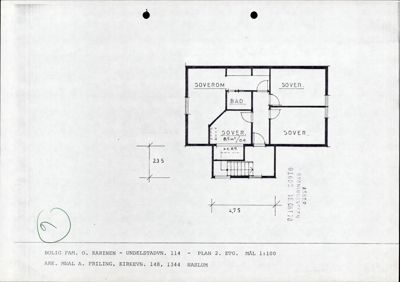 Etasjeplan for 2. etasje av en bolig, med rombetegnelser (soverom, bad) og mål.