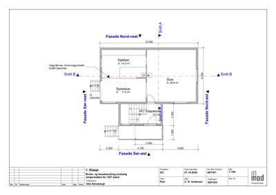 Etasjeplan for 1. etasje som viser romfordeling (kjøkken, stue, trapperom) og fasader.