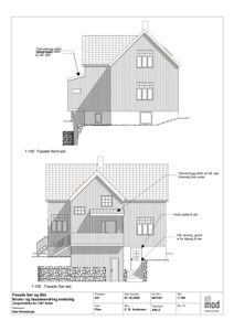 Fasadetegning som viser fronten og siden av en bolig med detaljer om endringer i tak, vinduer og inngang.