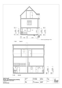 Tegning som viser tverrsnitt gjennom enebolig (Snitt A og B) med romfordeling, høyder og konstruksjonsdetaljer.