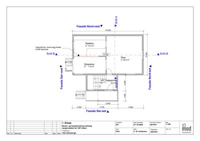 Etasjeplan for 1. etasje som viser romfordeling (stue, kjøkken, spisestue), dimensjoner og fasader.