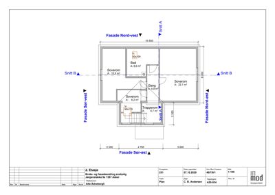 Etasjeplan for 2. etasje som viser romfordeling, arealer og fasader.