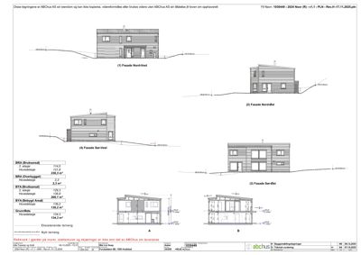 Fasadetegning med oppriss av bygning sett fra fire sider (Nord-Vest, Nord-Øst, Sør-Vest, Sør-Øst) samt snittegning og arealoppsett.
