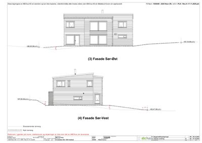 Fasadetegning som viser bygningens utseende fra to vinkler: Sør-Øst og Sør-Vest, inkludert terrengforhold og høydemål.