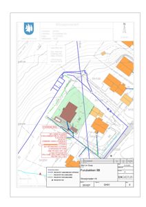 Situasjonsplan som viser tomtens beliggenhet, grenser, eksisterende og planlagt bebyggelse, samt vann- og avløpsledninger.
