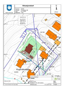 Situasjonskart som viser eiendomsnummer, adresse, tomteareal, byggeareal (BYA) og reguleringsbestemmelser for Furubakken 9B i Asker.