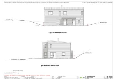 Fasadetegning som viser bygningens utseende fra to sider (Nord-Vest og Nord-Øst) med terrengforhold.