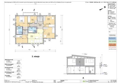 Etasjeplan for 2. etasje med romfordeling, dimensjoner og teknisk detaljering.
