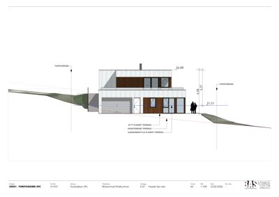 Fasadetegning (opprikk) av en toetasjes bolig sett fra vest, med angitte høyder og terrengforhold.