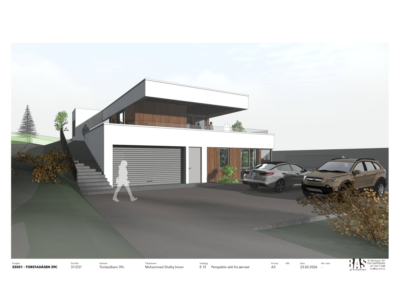 3D-visualisering av en moderne villa sett fra sørvest, inkludert biloppstilling og omgivelser.