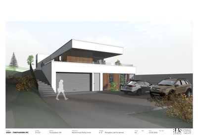 3D-visualisering av en moderne villa sett fra sørvest, inkludert biloppstilling og omgivelser.