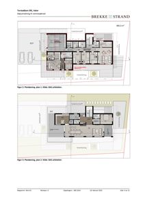Bildet viser to etasjeplaner (planløsninger) for en bolig i Torstadisen 39C, Asker. De illustrerer romfordeling, vegger og utvendige områder.