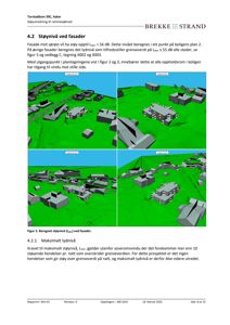 Fotografi av en 3D-modellering (rendering) som viser beregnet støyinnvirkning fra omgivende bygninger på et prosjektert hus.
