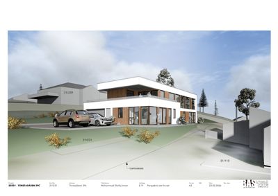 3D-visualisering (rendering) av en planlagt bolig med omgivelser, bil og trær.