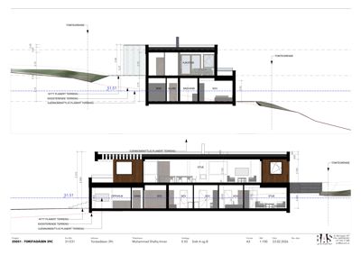 Snittegning som viser tverrsnitt gjennom en bygning med romfordeling, høyder og terrengforhold.