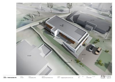 Fotografi av en 3D-modell eller rendering av en planlagt bygning sett fra en vinkel (fugleperspektiv).