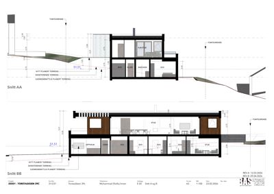 Snittegning (Snitt AA og Snitt BB) som viser tverrsnitt gjennom huset med romfordeling, høyder og terrengforhold.