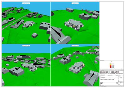 3D-visualisering (rendering) av fasader mot nord, øst, vest og sør med høydekontur og nummererte punkter.