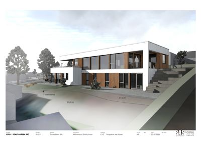 3D-visualisering (rendering) av et hus sett fra øst, med omgivelsene inkludert.