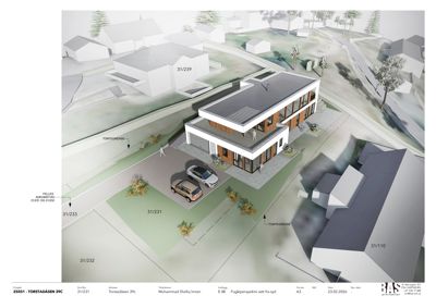 3D-visualisering (rendering) av et husprosjekt sett fra øst, med omgivende tomtegrenser og nabolag.