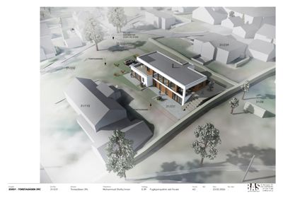 3D-visualisering (rendering) av en planlagt bygning sett fra øst, inkludert omgivelsene, nabohus og terreng.