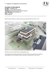 3D-visualisering (rendering) av et hus sett fra syd, inkludert omgivelsene og nabohus.