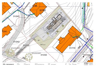 Situasjonsplan som viser tomtens beliggenhet, nabotomter (31/243, 31/241), veier og eksisterende bygninger i området.