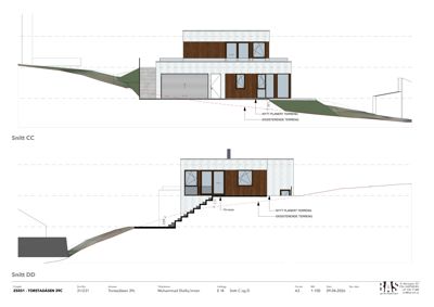 Snittegning (Snitt CC og Snitt DD) som viser bygningens tverrsnitt, høyder, terrengforhold og konstruksjon.