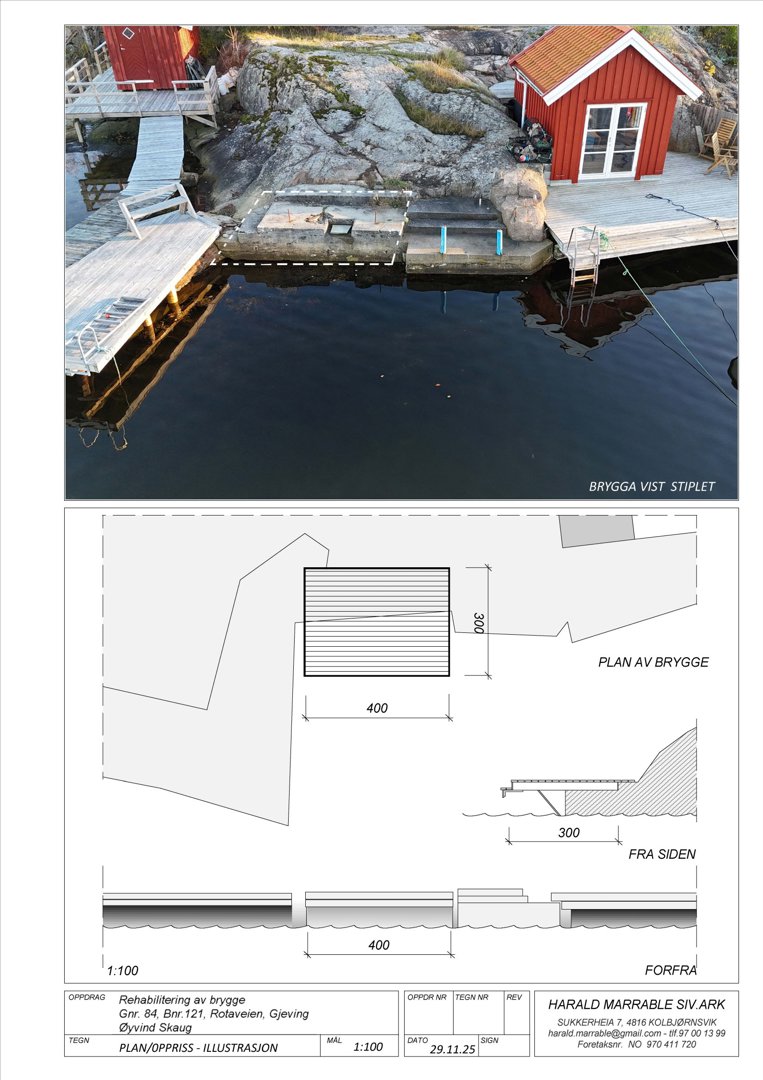 Fotografi av en brygge med tilhørende røde hytter, som viser hvordan den ferdige eller planlagte løsningen ser ut i terrenget.