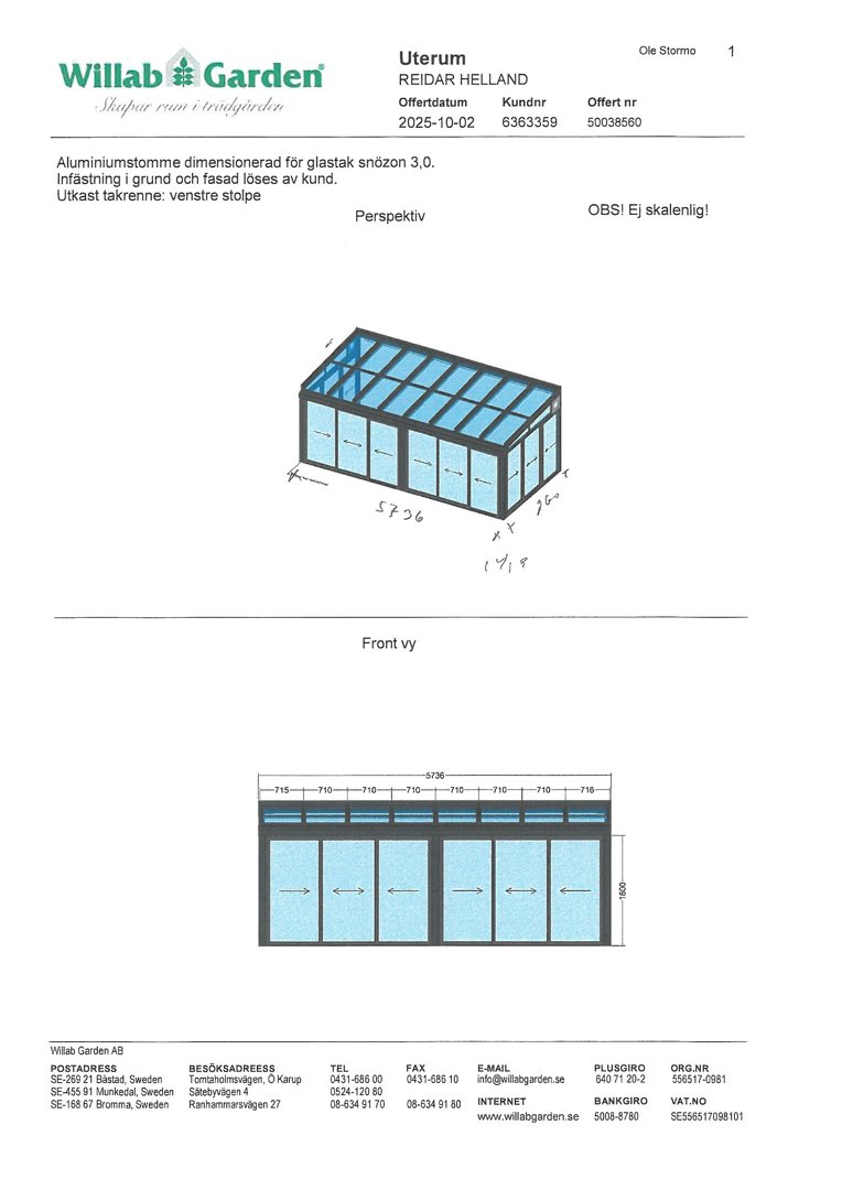 En håndtegnet 3D-visualisering (perspektiv) og en frontvyskisse av en aluminiumsramme for et glasshus.