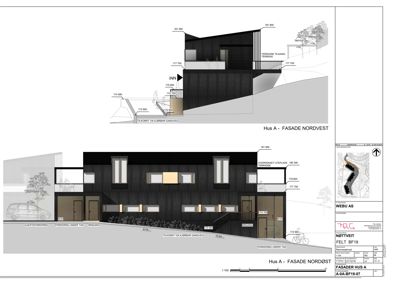 Fasadetegning for Hus A, som viser utsiden sett fra nordvest og nordøst med høydemål og detaljer.