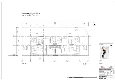 Etasjeplan (Plan 02) for tomannsbolig, som viser romfordeling, møblering og dimensjoner.