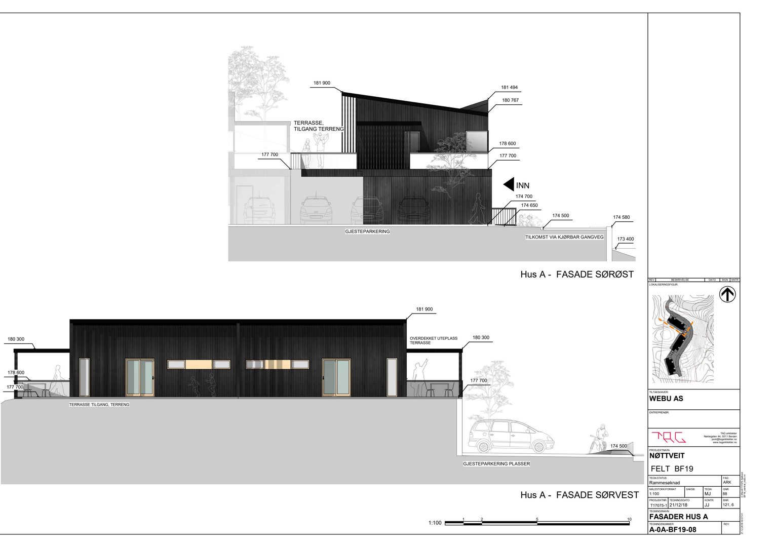 Fasadetegning for Hus A, som viser oppriss av bygningens utside sett fra sørøst og sørvest, inkludert høyder, terrasser og parkeringsområder.