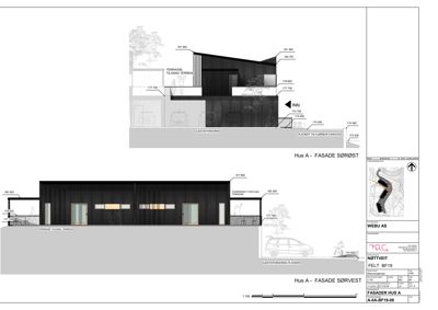 Fasadetegning for Hus A, som viser oppriss av bygningens utside sett fra sørøst og sørvest, inkludert høyder, terrasser og parkeringsområder.