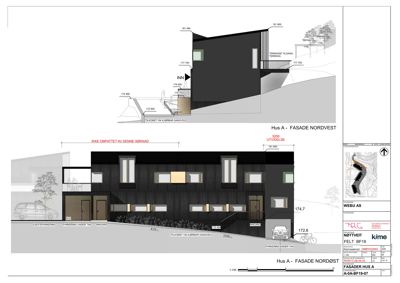 Fasadetegning for 'Hus A' som viser Nordvest- og Nordøst-fasaden med mål, vinduer og terrengforhold.
