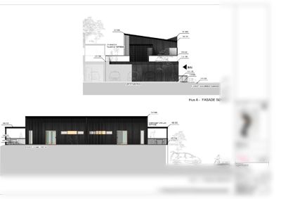 Fasadetegning for Hus A, som viser oppriss av bygningens utside sett fra sørøst og sørvest, inkludert høyder, terrasser og parkeringsområder.