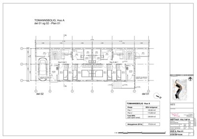 Etasjeplan (Plan 01) for tomannsbolig Hus A, som viser romfordeling, mål og arealoppsummering.