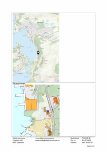 Bildet viser to kart som illustrerer bygningens plassering i forhold til omgivelsene. Øvre del er et overblikkskart over området, mens nedre del er en detaljert situasjonsplan med fargemerkede bygninger og vegger.