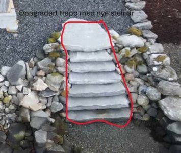 Fotografi av en oppgradert trapp med nye steiner, omgitt av steinmur og grus.