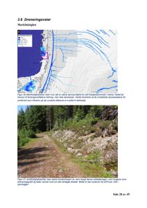 Fotografi av et terrengområde med en sti, skog og en steinete skråning. Bildet illustrerer et feltforhold knyttet til en markfuktighetsvurdering.