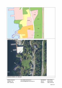 Bildet viser to kartlag: øverst en situasjonsplan med fargelagte soner (muligens reguleringsplan), og nederst et historisk flyfoto av området med overlagte grenser. Begge delene er kartmateriale.
