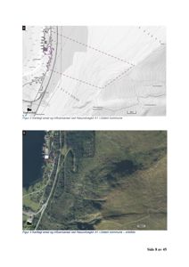 Bildet viser to kart som illustrerer et kartlagt areal og influensareal ved Hasundvegen 41 i Ulstein kommune. Øverste del er en karttegning med høydeforhold, og nederste del er et ortofoto (flyfoto) med samme overlagte arealer.