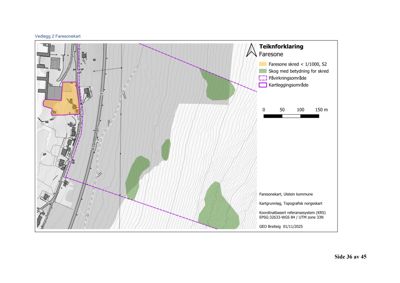 Situasjonsplan (faresonekart) som viser bygningers plassering i forhold til fareområder for skred.