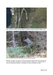 Bildet viser to ortofoto (satellittbilder) og et nærbilde av en stor blokk i terrenget, med tilhørende beskrivende tekst om landskapsutvikling og blokkfordeling.