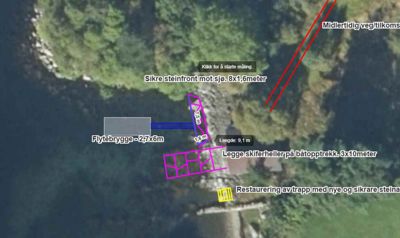 Flyfoto eller satellittbilde av et kystområde med overlagte tegninger og tekst som beskriver planlagte tiltak (flytebrygge, steinfront, skiferheller).