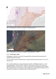 Bildet viser to kart (Figur 16 og 17) som illustrerer snøskredfareområder (aksomhetskart) basert på ortofoto og terrengmodeller. Kartene viser en markert bygning (Hasundvegen 41) i forhold til potensielle løsmålerområder.