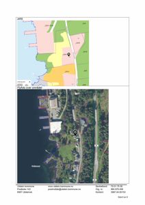 Bildet viser en situasjonsplan med et kart over tomtegrenser og et flyfoto av området nedenfor.