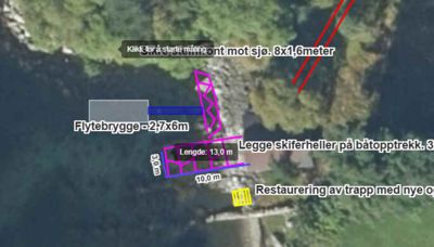 Satellittbilde (kart) med overlagte tegninger og tekst som viser planlagte tiltak ved en brygge.