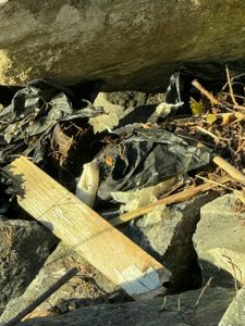 Fotografi av en steinmur eller fundament med søppel (plastposer, trevirke) samlet i bunnen.